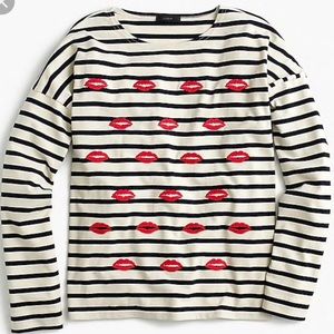 J. Crew Embroidered Kisses Blue And White Strips